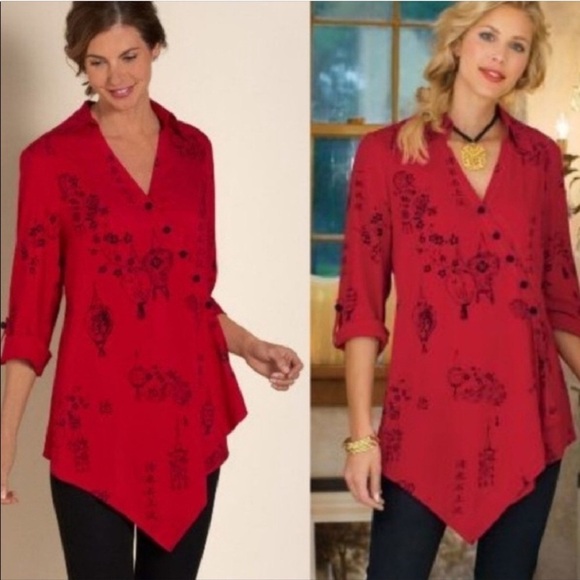 Soft Surroundings Pagoda Tunic XL Blouse Oriental Asian Red Black Office Career - Picture 7 of 7